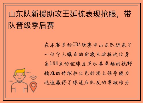 山东队新援助攻王延栋表现抢眼，带队晋级季后赛